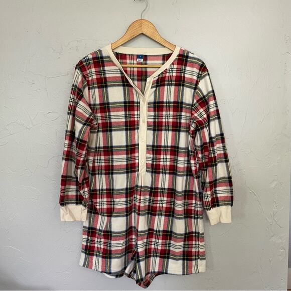 Old Navy Red and Cream Pajama Romper Cozy Plaid Christmas - Picture 2 of 6